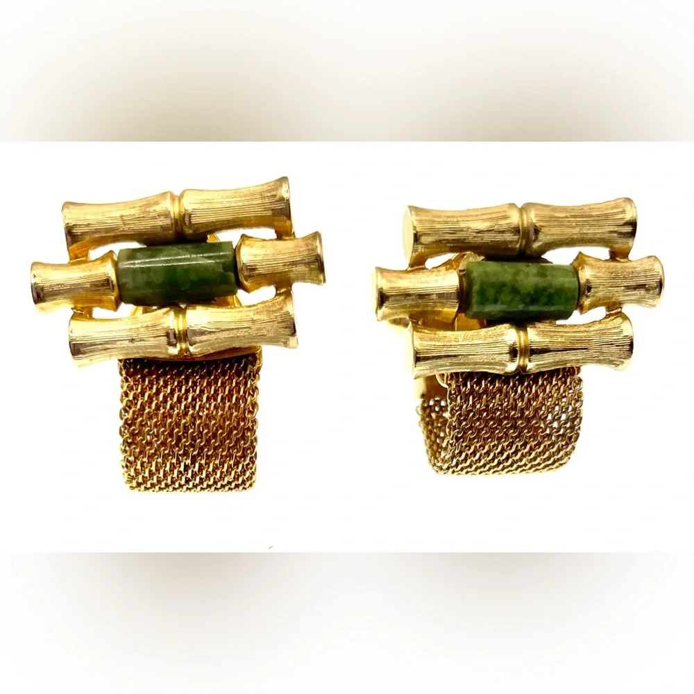 VTG Signed Anson Cufflinks Gold Tone Mesh Wrap Bamboo Design Green Jade Accent